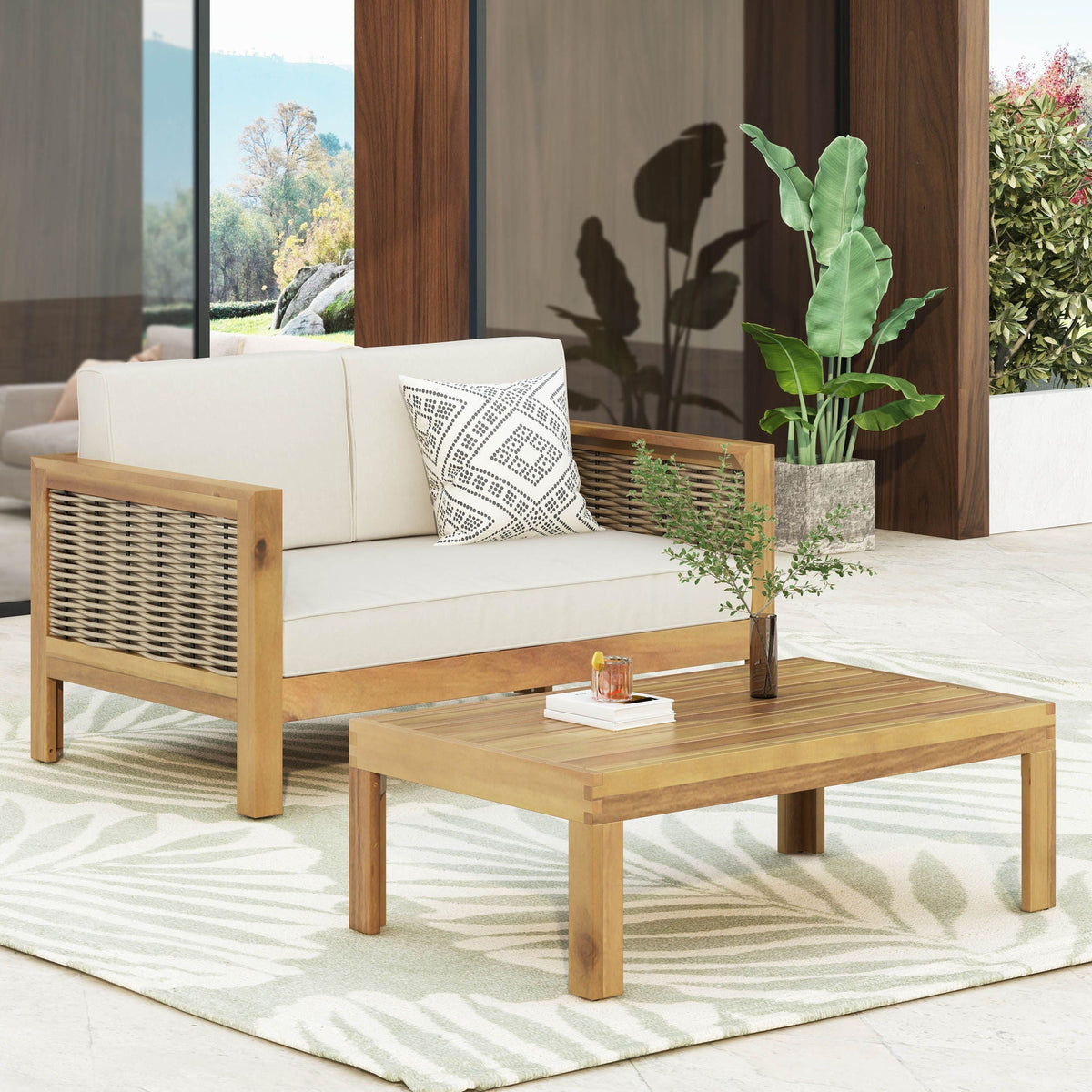 Outdoor Patio Set with Coffee Table and Loveseat - Teak Beige, view 2