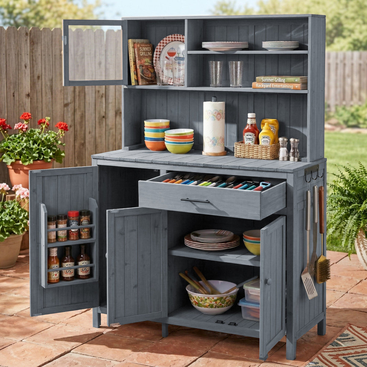 TOPAMX Potting Bench with Hutch, Solid Fir Wood Garden Workstation, view 2