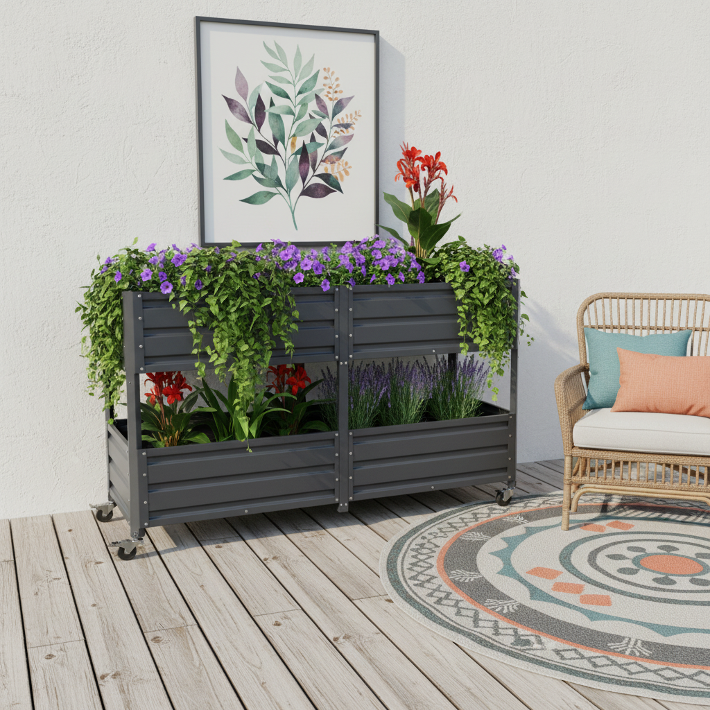 Dual Tier Elevated Metal Raised Garden Bed with Lockable Wheels, view 6