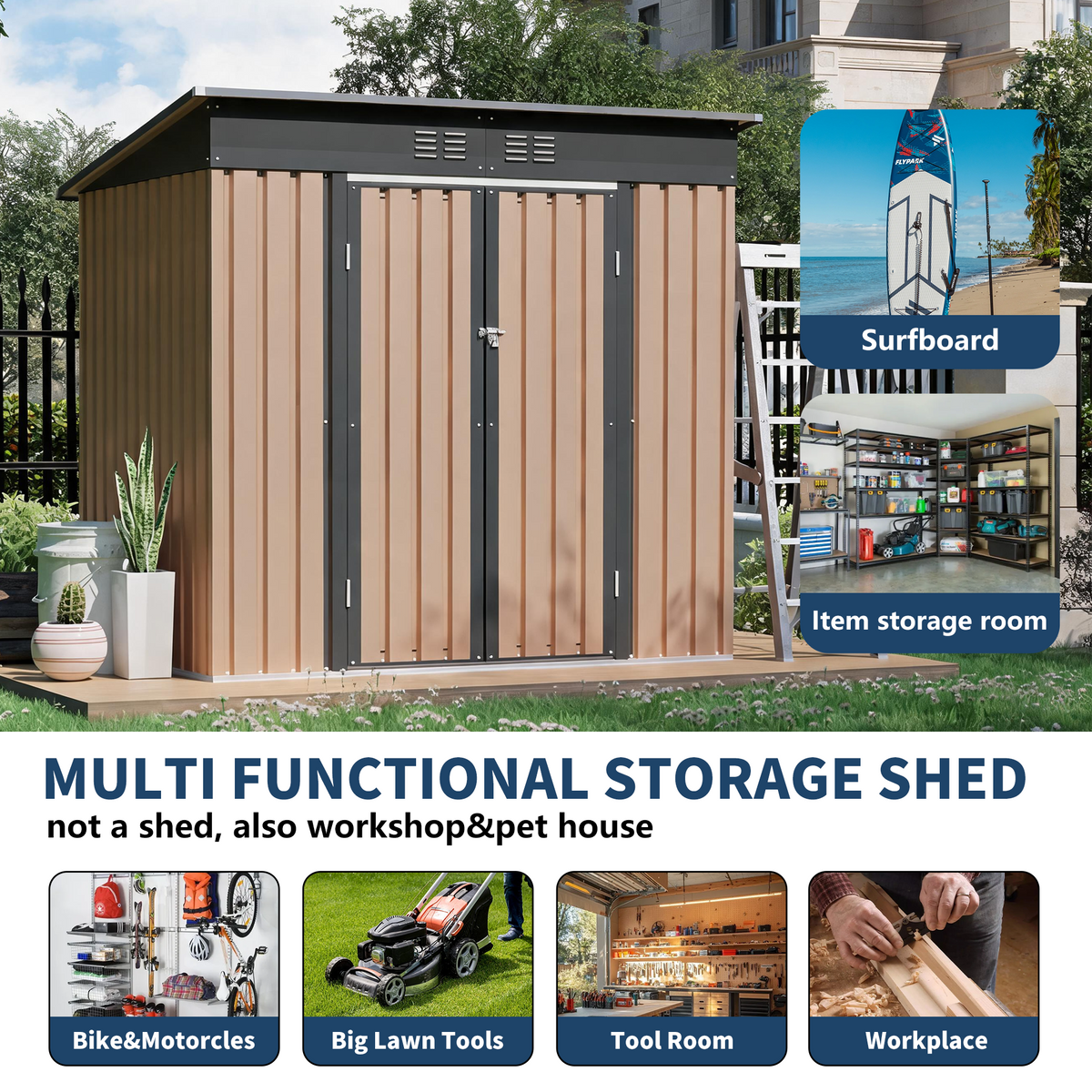 6x4 FT Metal Garden Shed With Hinge Door Pent Roof, view 5