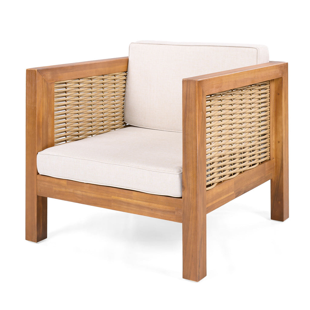 Outdoor Club Chair With Rope Arm And Cushions - Beige / Teak, view 8