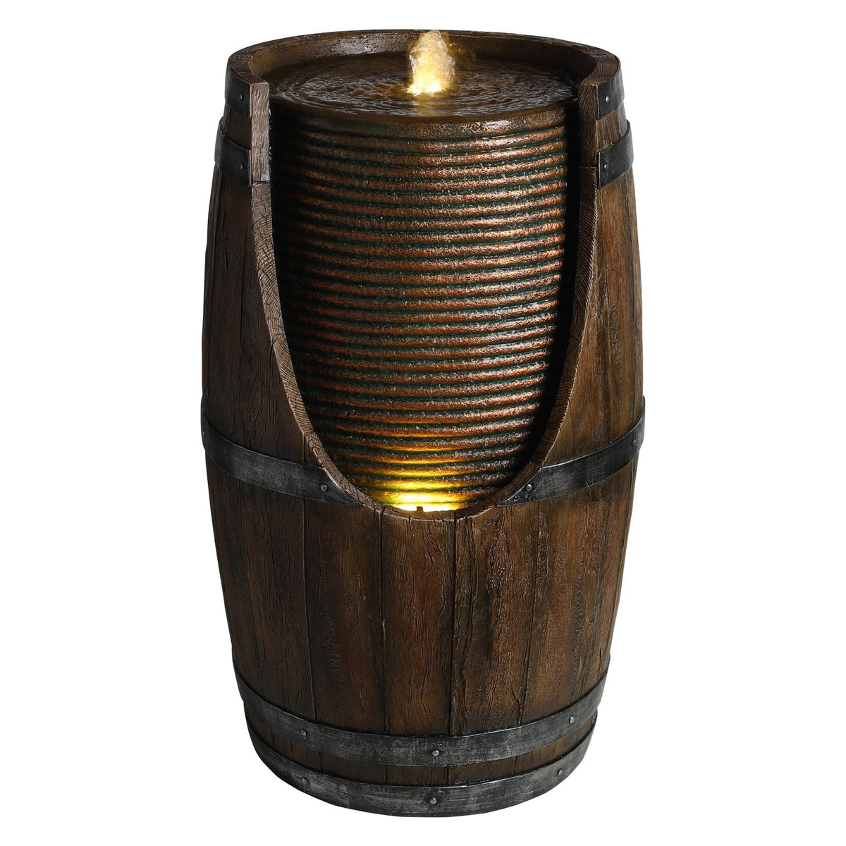 Outdoor Barrel Water Fountain with Rustic Wood Look Resin, view 9