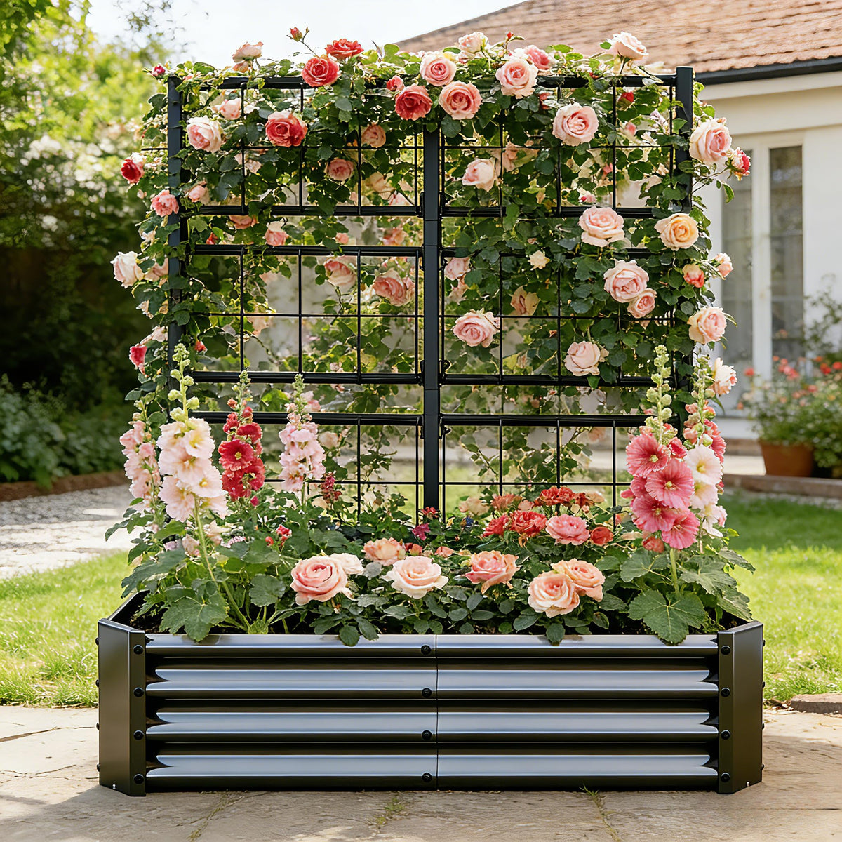 4x2x1FT Galvanized Raised Garden Bed with Arch Trellis – Black