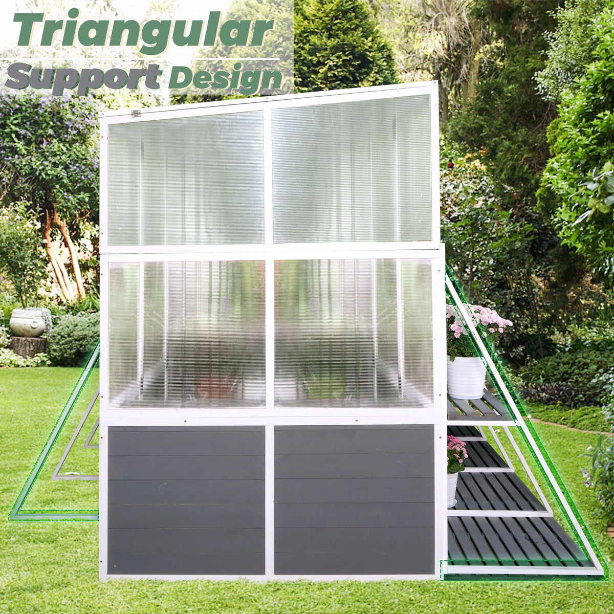 Walk-In Wooden Lean-To Greenhouse, Heavy Duty Polycarbonate - White / Gray