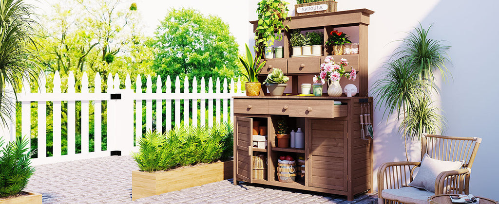 Rustic Fir Wood Potting Bench Table with Hutch – 65.7" Tall