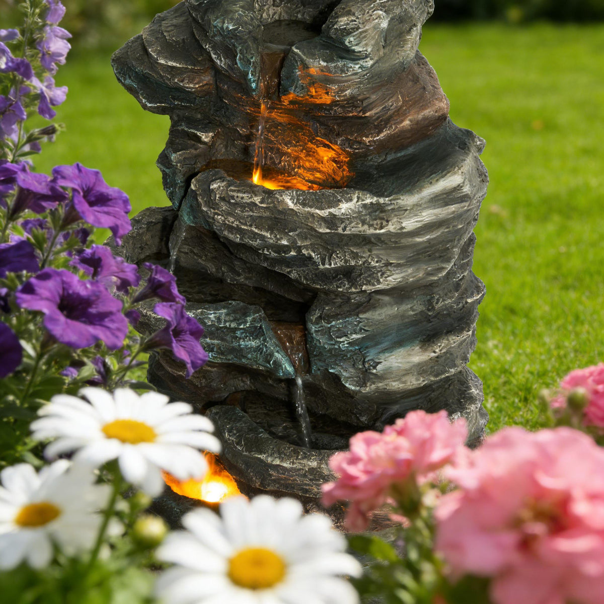6-Tier Outdoor Cascading Stone Water Fountain with 3 LED Lights, view 6