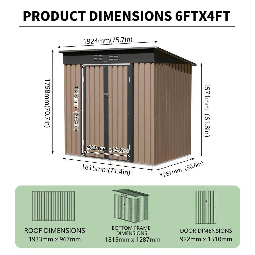6x4 FT Metal Garden Shed With Hinge Door Pent Roof, view 3
