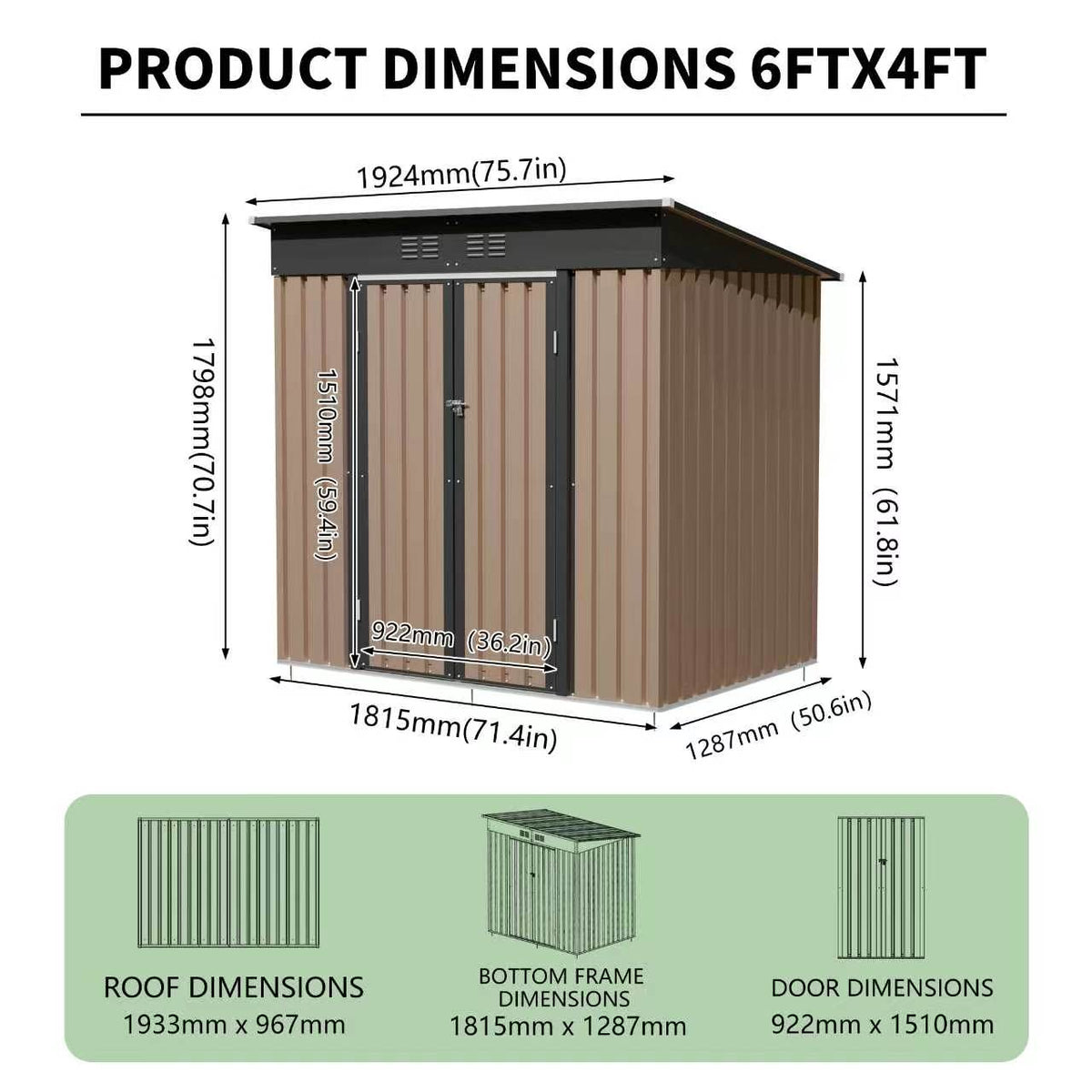 6x4 FT Metal Garden Shed With Hinge Door Pent Roof, view 3