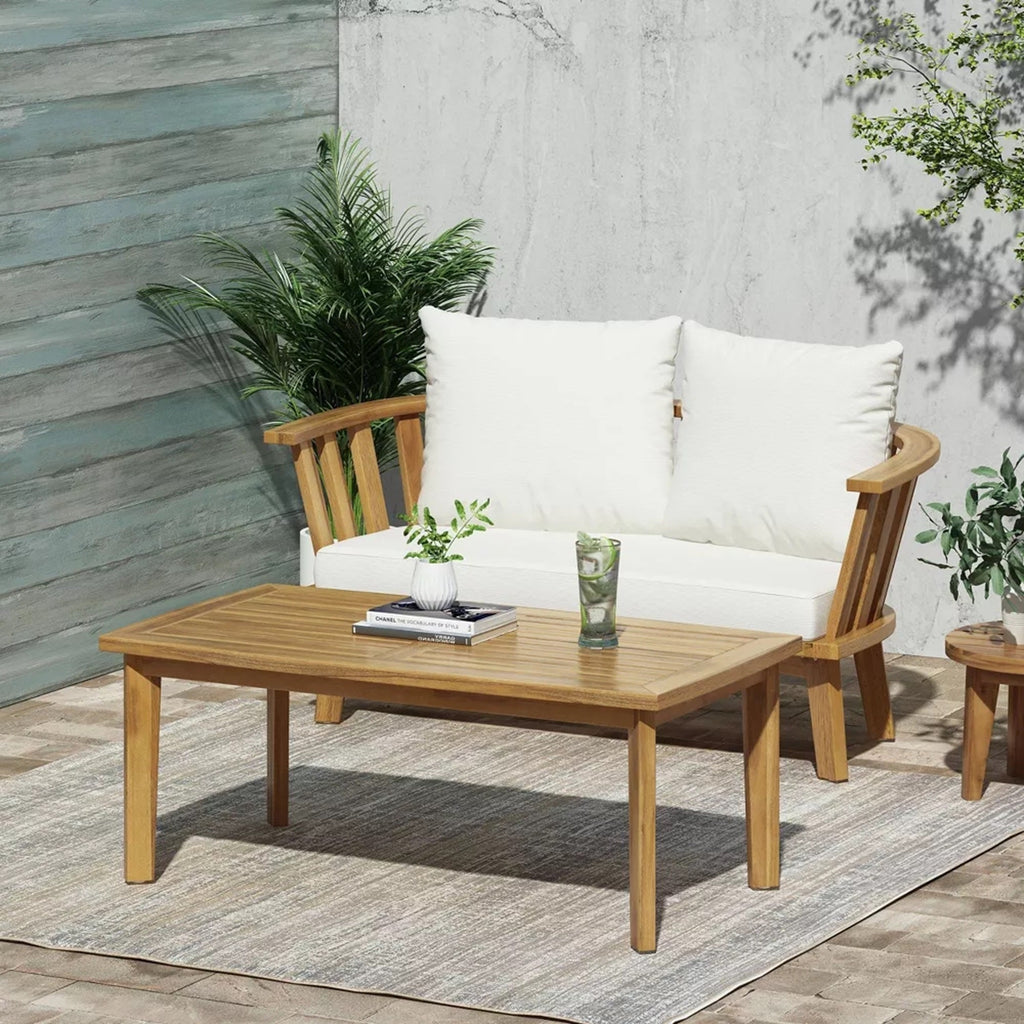 2-Person Outdoor Acacia Wood Patio Seating Group with Cushions and Coffee Table, view 2