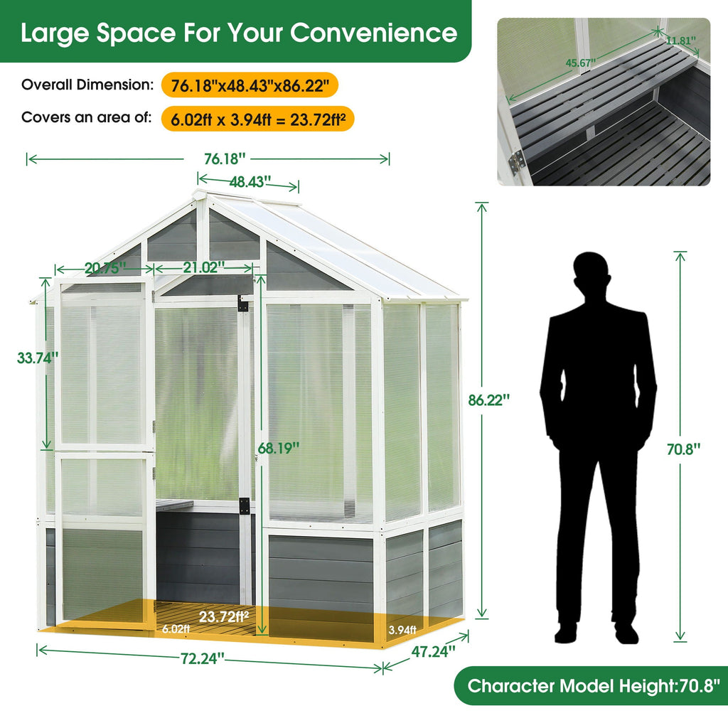 Walk-In Wooden Greenhouse with Polycarbonate Panels & Lockable Door - White / Gray, view 5