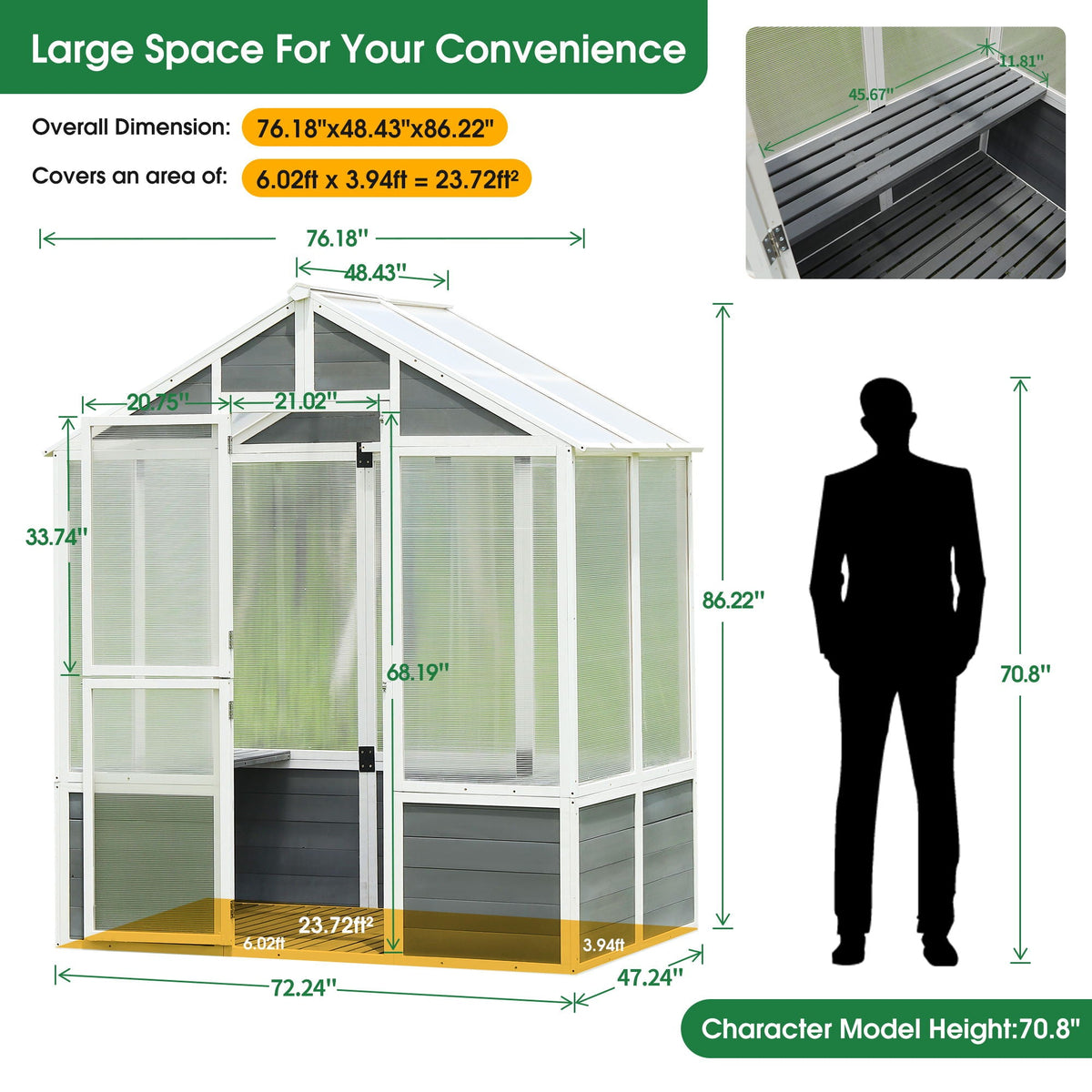 Walk-In Wooden Greenhouse with Polycarbonate Panels & Lockable Door - White / Gray, view 5