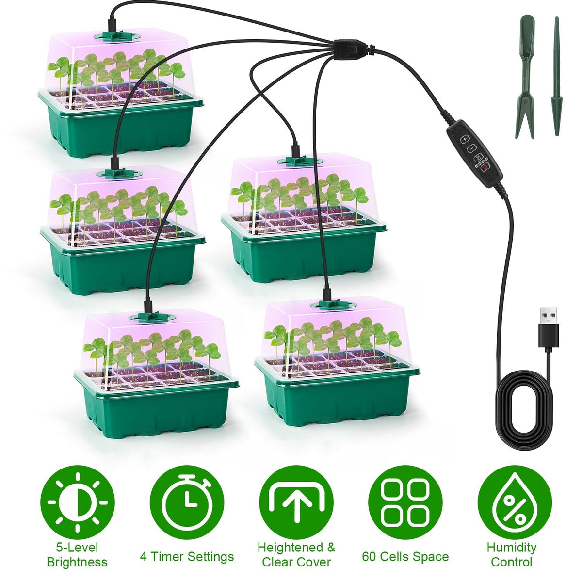 5Packs Seed Starter Tray With Grow Light Humidity Dome Germination Kit with 5-Level Brightness 4 Timers, view 4