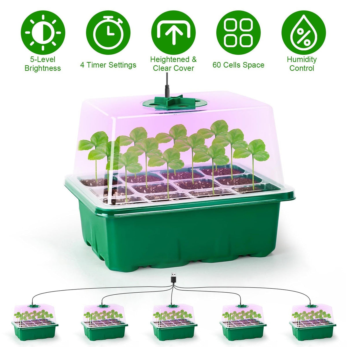 5Packs Seed Starter Tray With Grow Light Humidity Dome Germination Kit with 5-Level Brightness 4 Timers, view 2