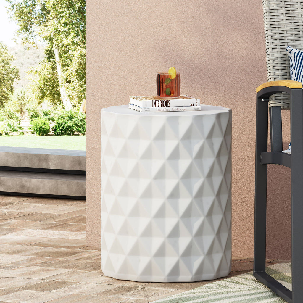 Diamond-Pattern Cylinder Concrete Side Table – Antique White, view 8