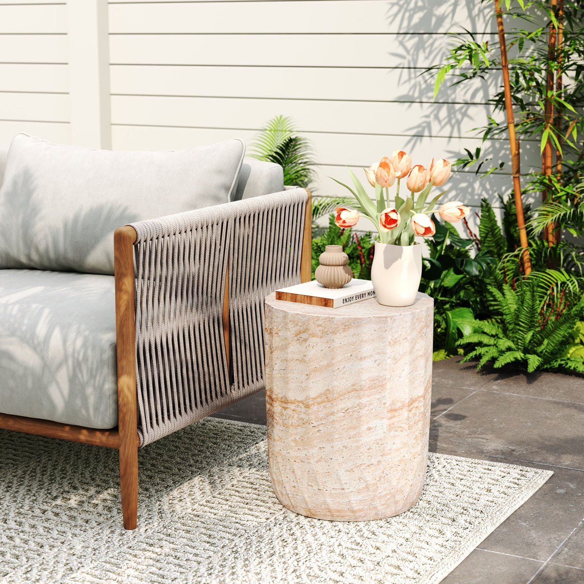 Outdoor / Indoor Lightweight Concrete Side Table, Cylinder Travertine Finish Accent Table - Beige, view 10