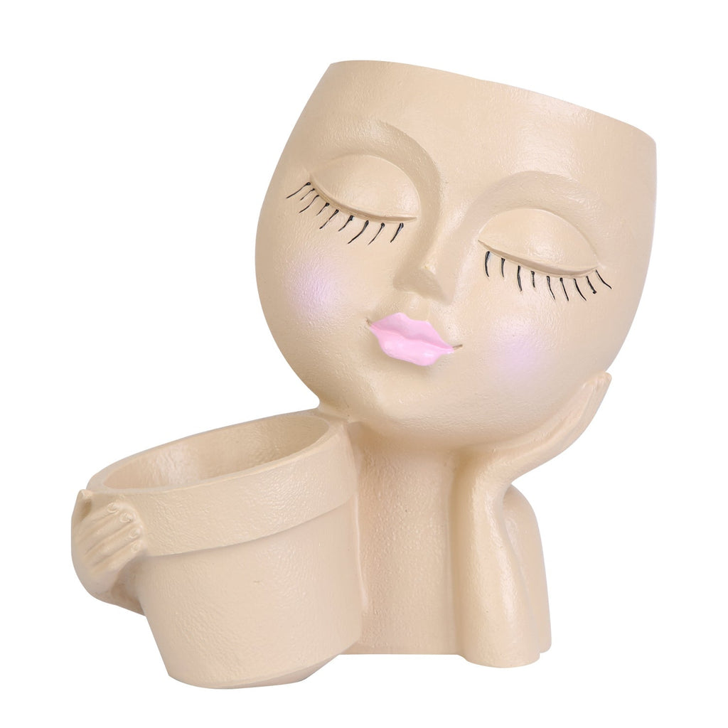 Girl Face Planter Pot Dual Opening Flower Pot With Drainage Hole Lady Head Resin Plant Pot For Succulent