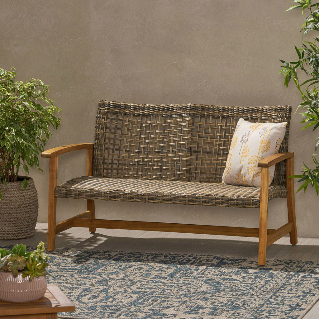 Outdoor Rattan Loveseat with Wooden Legs - Brown, view 4