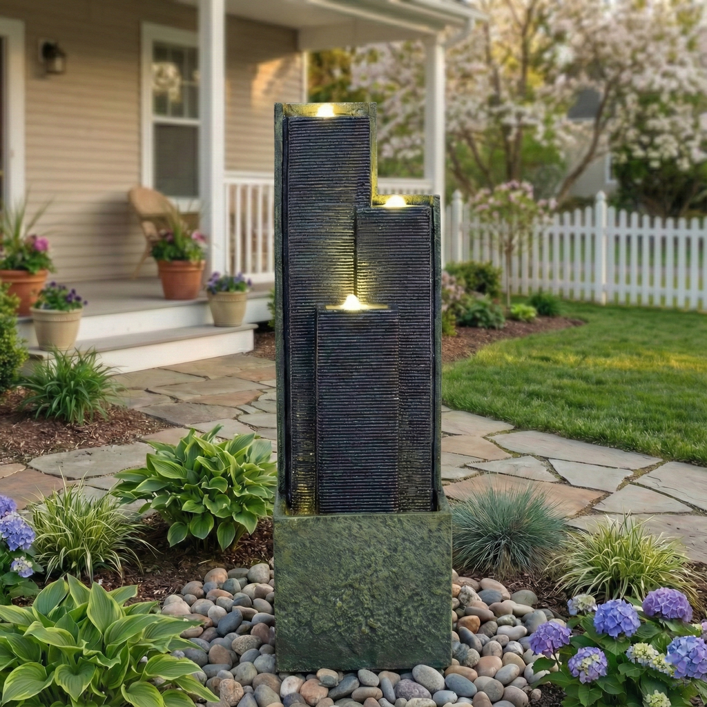 39" H Outdoor Water Fountain Modern Cascading Freestanding Fountain with LED Lights for Garden Patio Porch, view 6