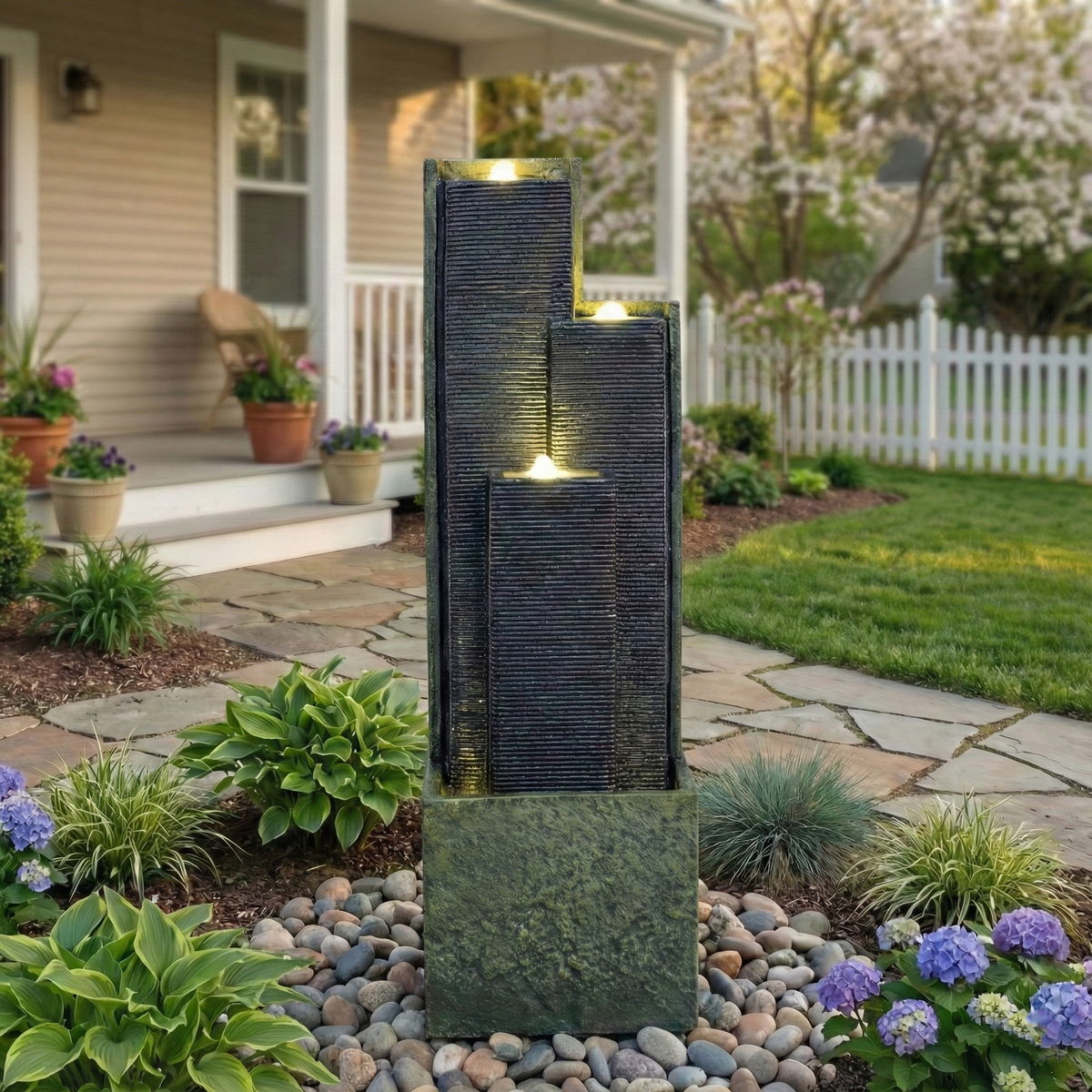 39" H Outdoor Water Fountain Modern Cascading Freestanding Fountain with LED Lights for Garden Patio Porch, view 6