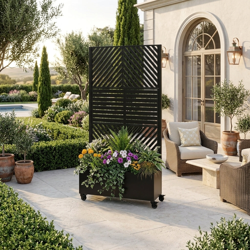 Black Metal Planter Box with Trellis – 73" Privacy Screen, view 2