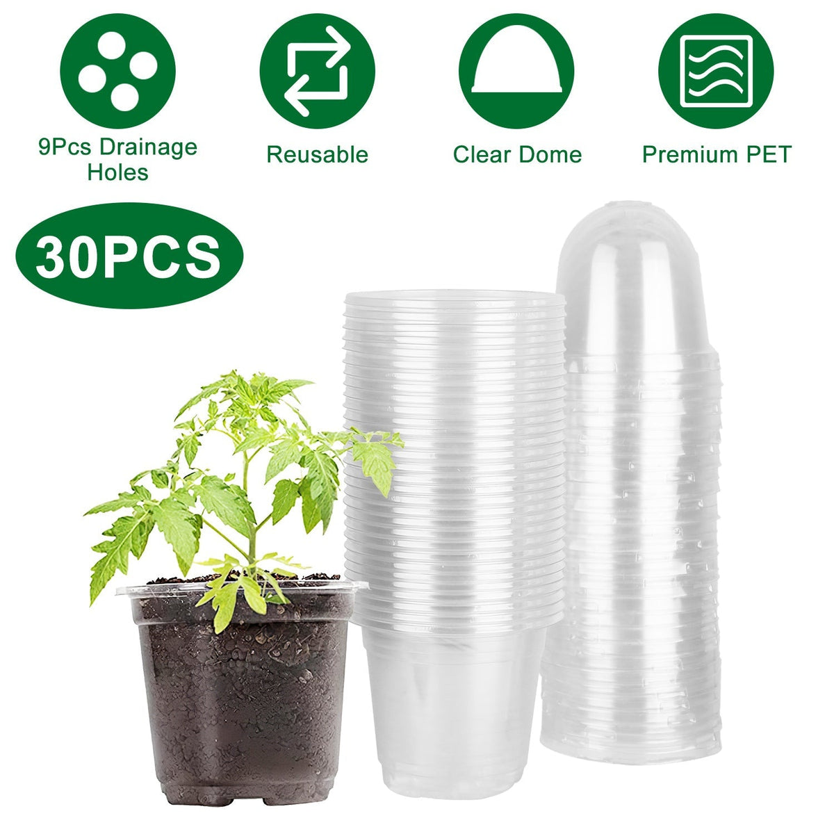 30Pcs Plant Nursery Pots PET Flower Seed Starting Pots Container with Dome with Drainage Holes, view 2