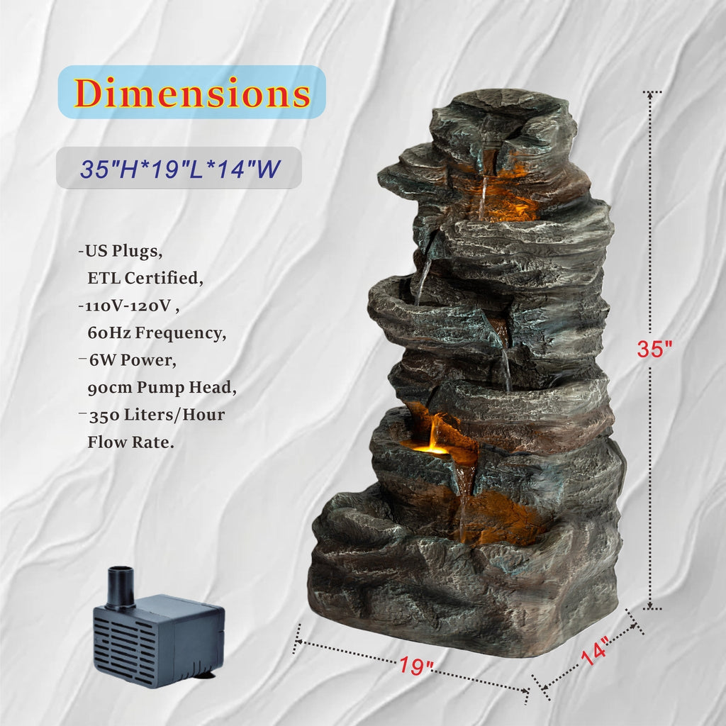 6-Tier Outdoor Cascading Stone Water Fountain with 3 LED Lights, view 8