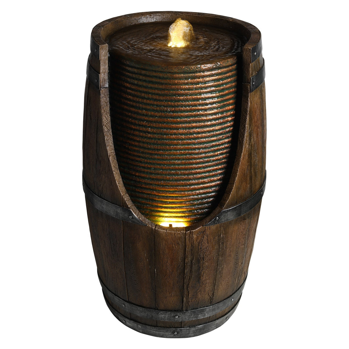 Outdoor Barrel Water Fountain with Rustic Wood Look Resin, view 11