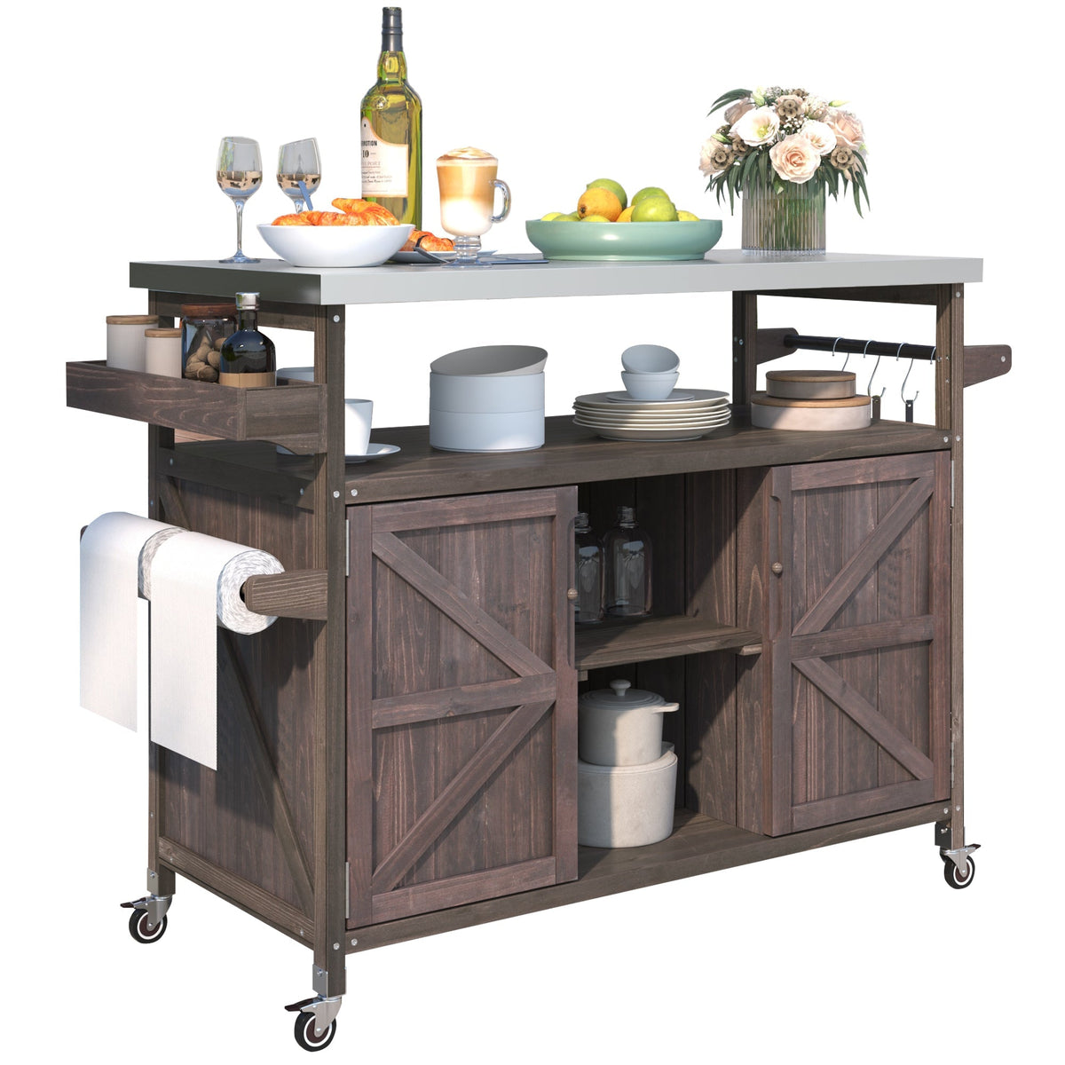 K&K Rolling Bar Cart & Storage Cabinet – FSC-Certified Fir Wood, view 10