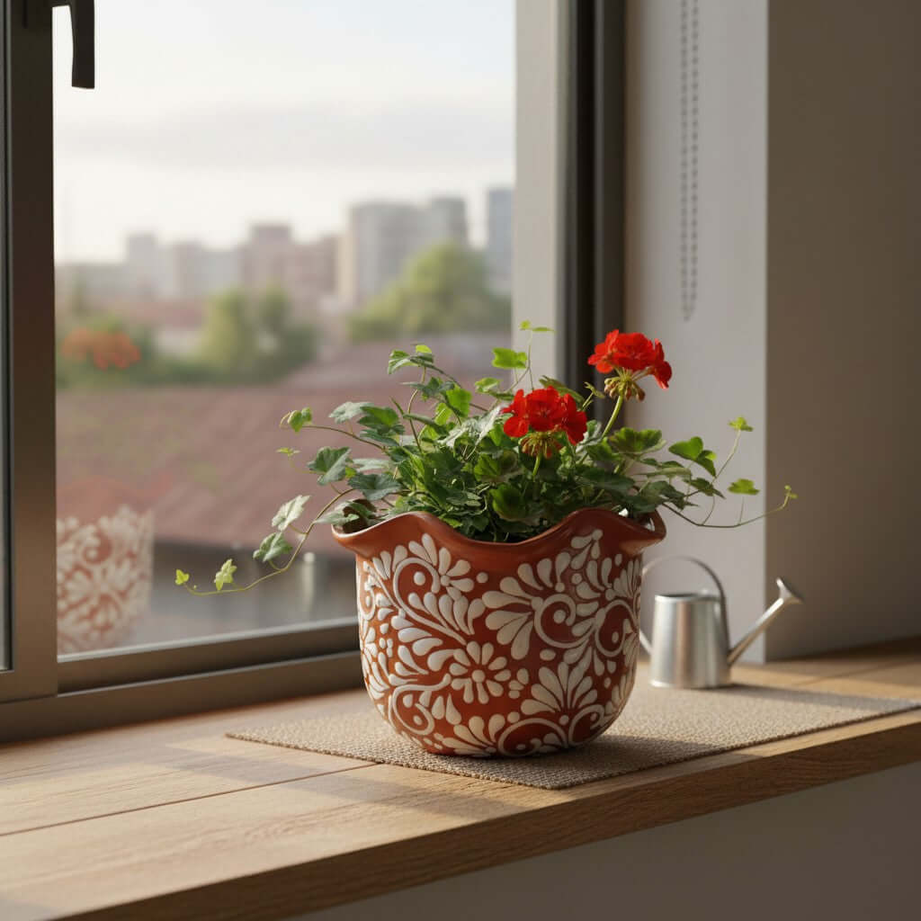 Brown & White Talavera Planter | Handcrafted Wavy Rim Pot, view 3