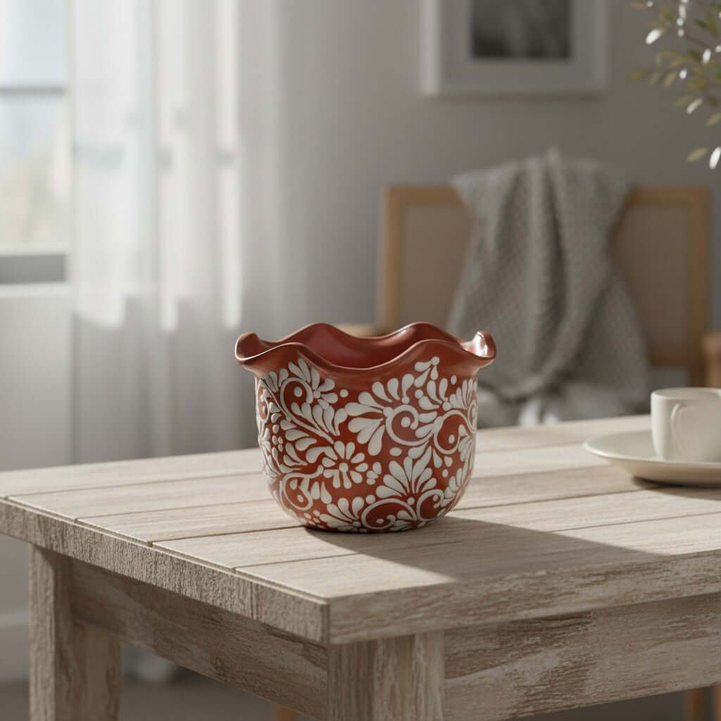 Brown & White Talavera Planter | Handcrafted Wavy Rim Pot, view 4