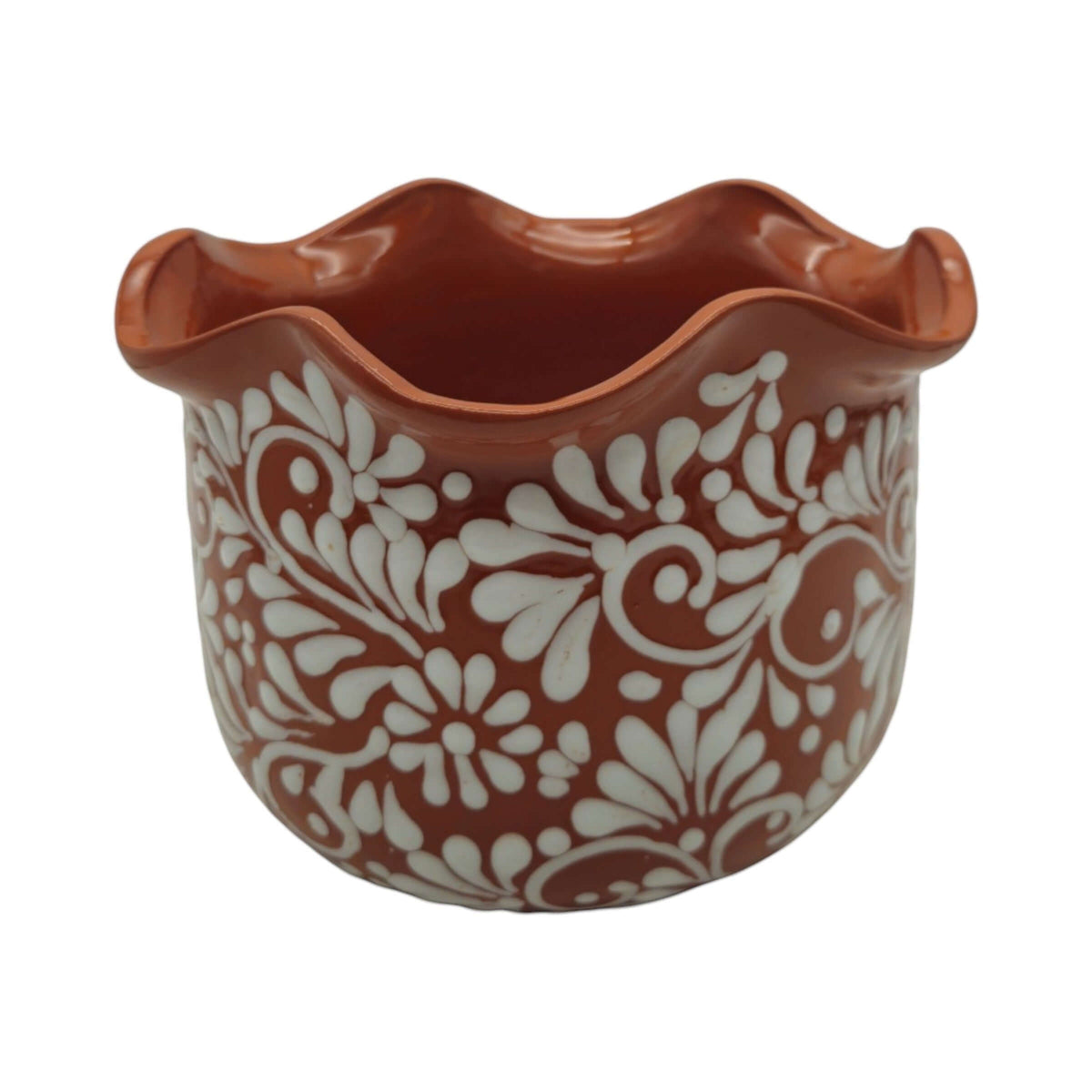 Brown & White Talavera Planter | Handcrafted Wavy Rim Pot, view 5