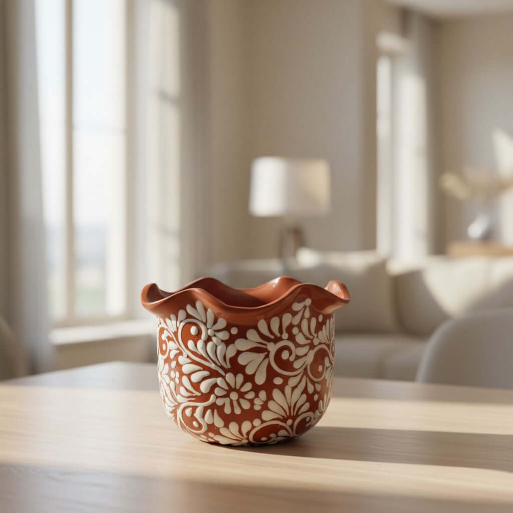 Brown & White Talavera Planter | Handcrafted Wavy Rim Pot, view 2