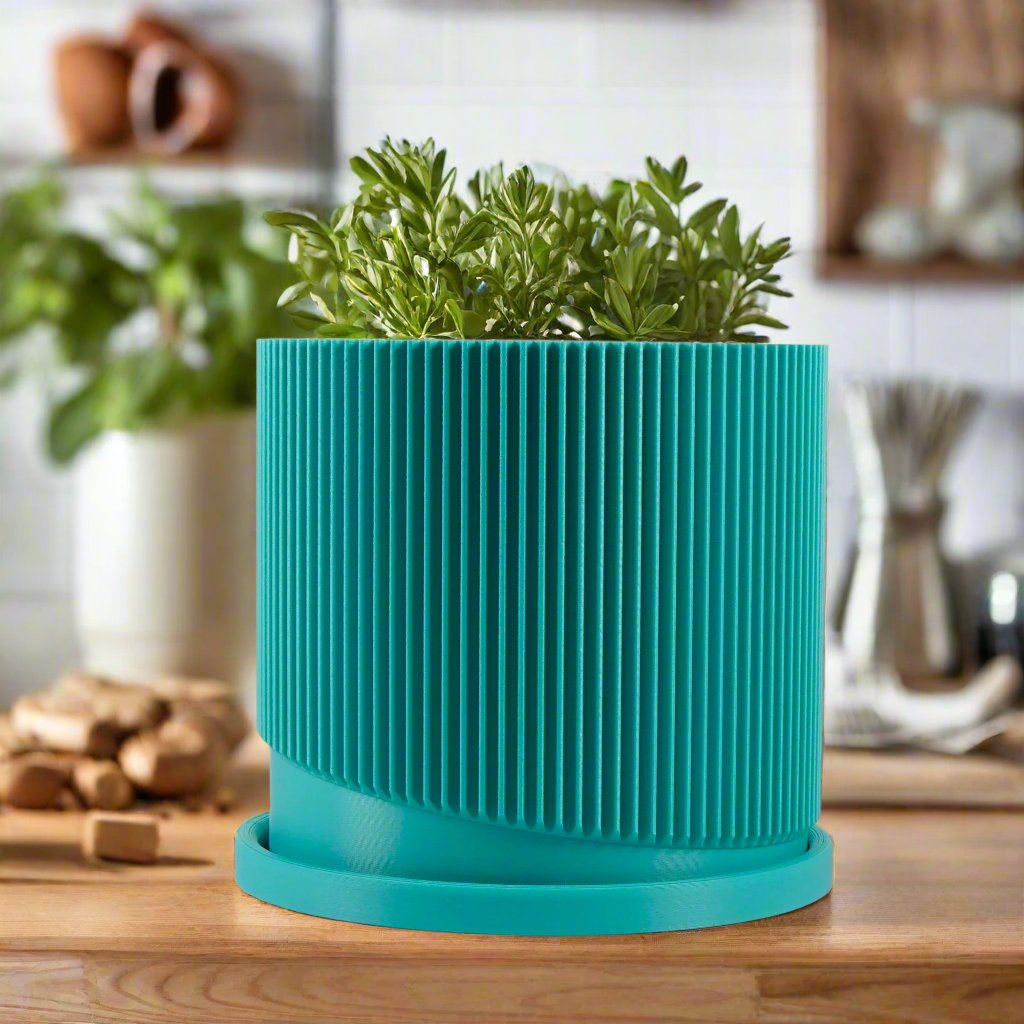 Mid-Century Ribbed Planter with Drainage and Saucer in Multiple Colors, 3D Printed Planter with Unique, view 11