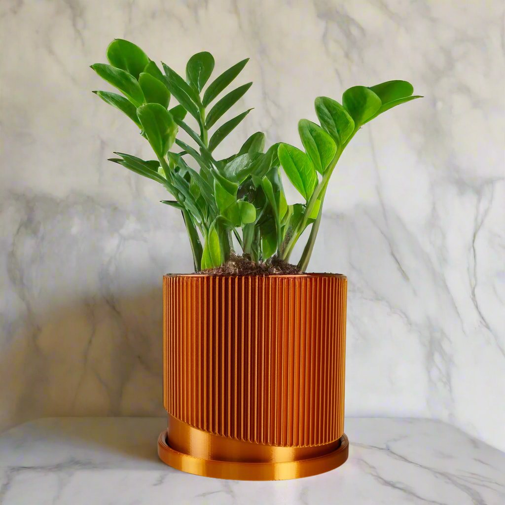Mid-Century Ribbed Planter with Drainage and Saucer in Multiple Colors, 3D Printed Planter with Unique, view 7