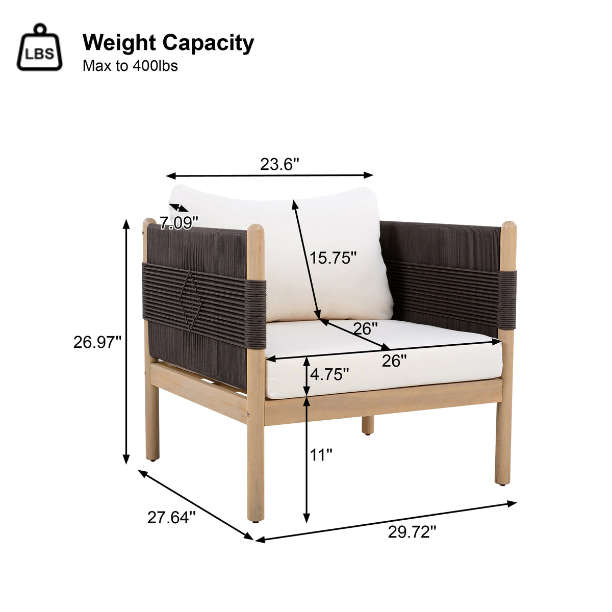 Outdoor Acacia Club Chairs (Set of 2) with Diamond-Pattern Black Rope, Light Teak Finish, view 2