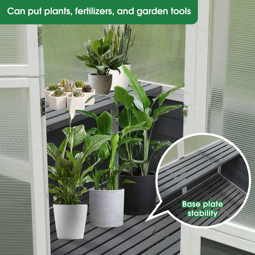 Walk-In Wooden Greenhouse with Polycarbonate Panels & Lockable Door - White / Gray, view 6