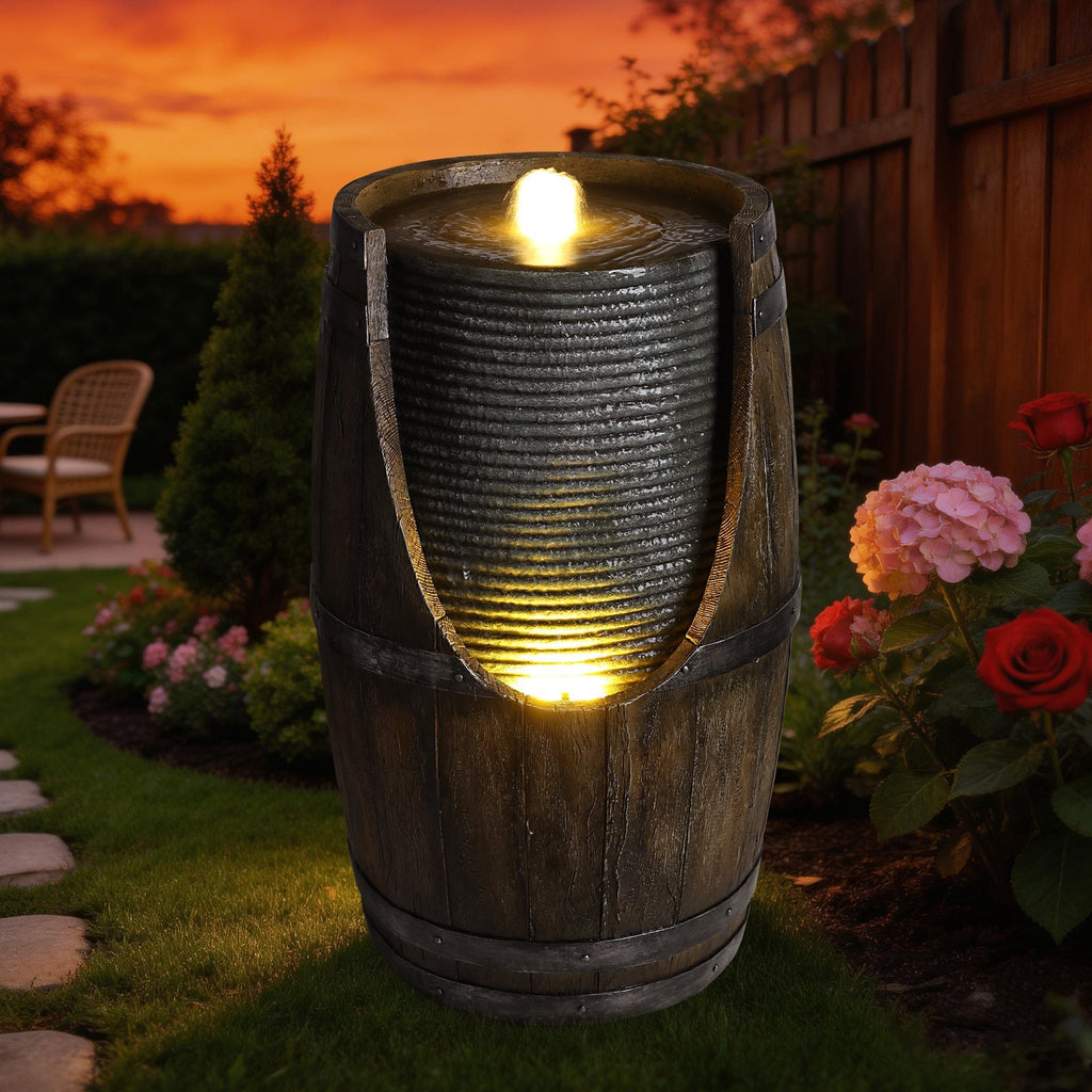 Wooden Barrel Style Outdoor Water Fountain with Lights, view 8