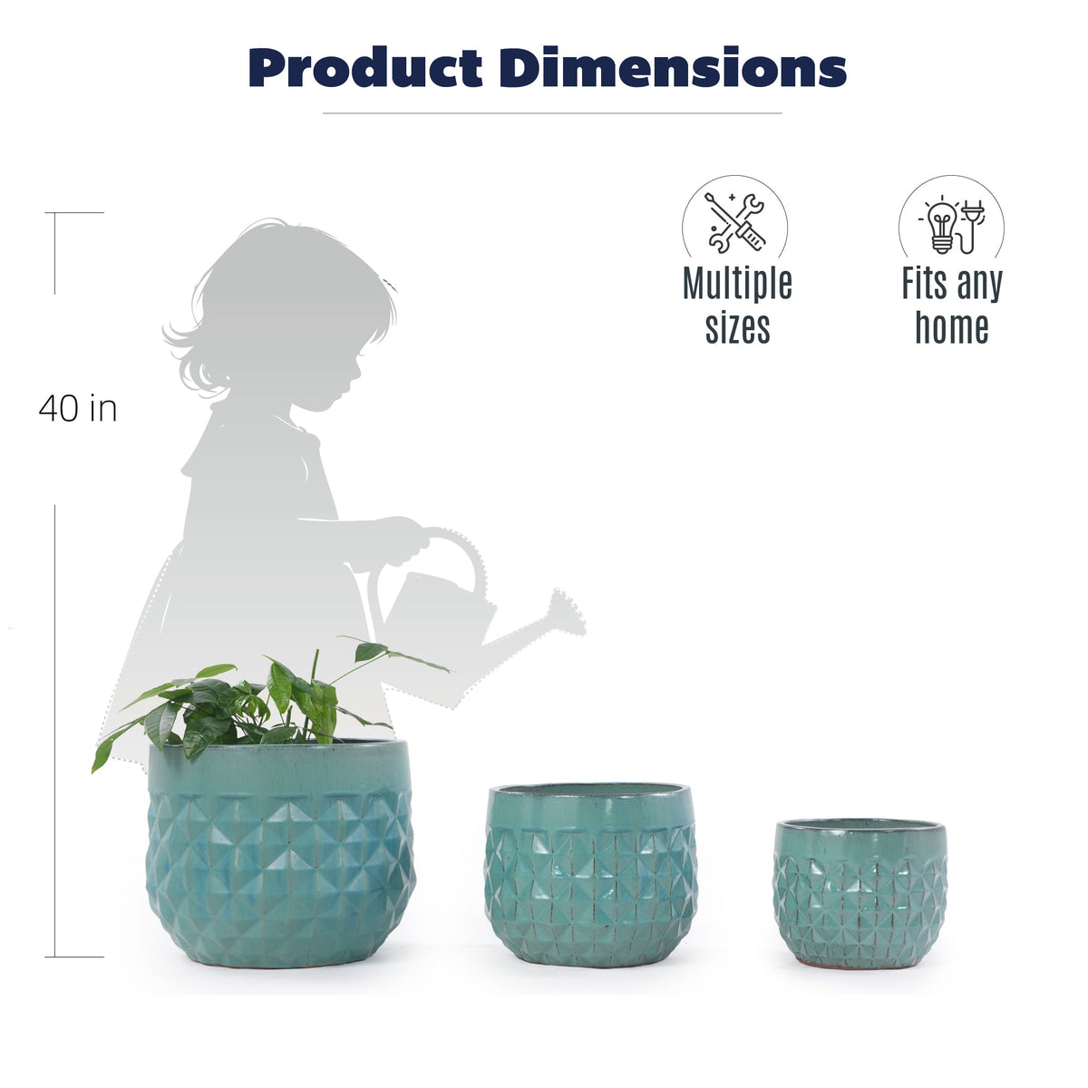 Handmade Ceramic Planter Pots Set of 3, Vintage Turquoise, view 5