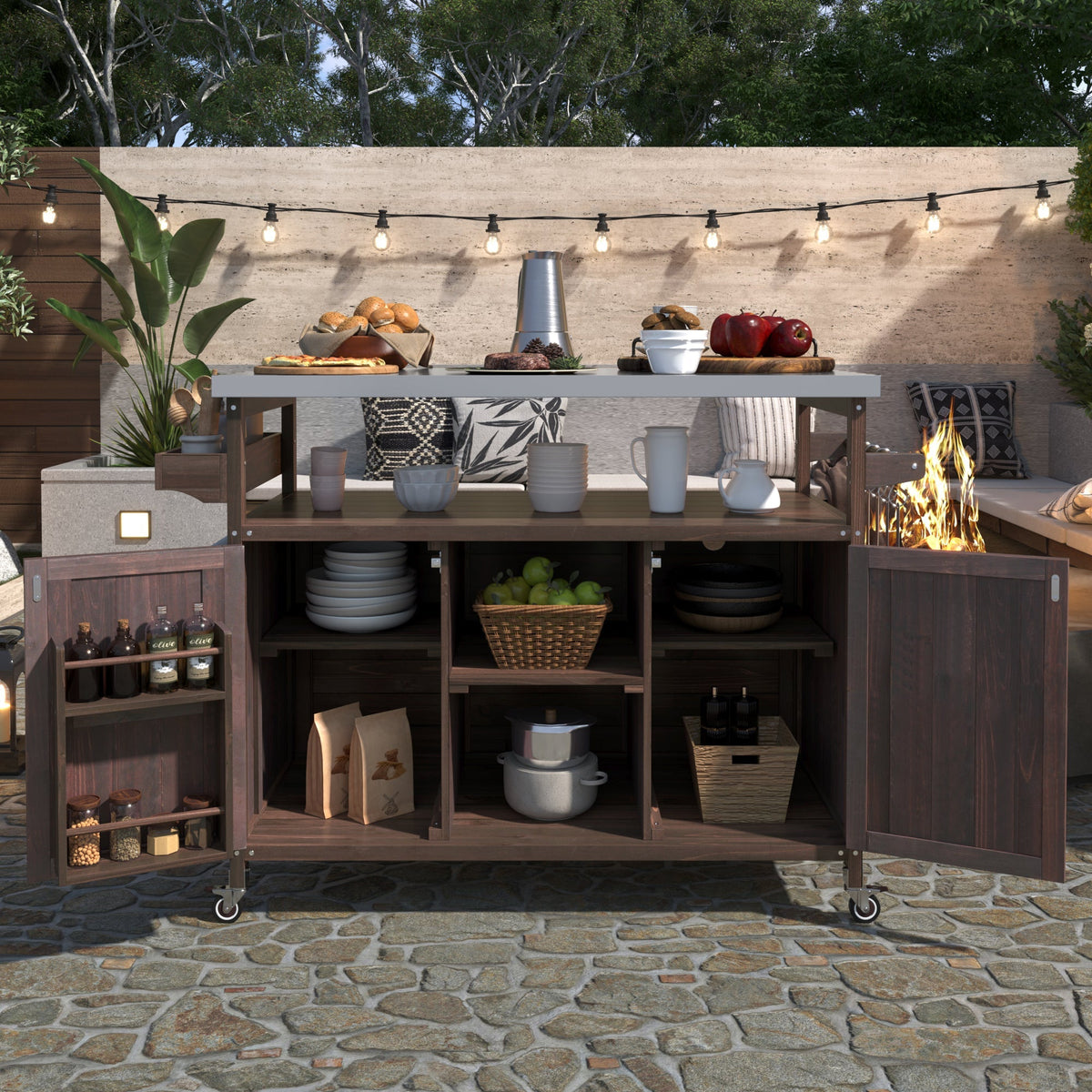 K&K Rolling Bar Cart & Storage Cabinet – FSC-Certified Fir Wood, view 2