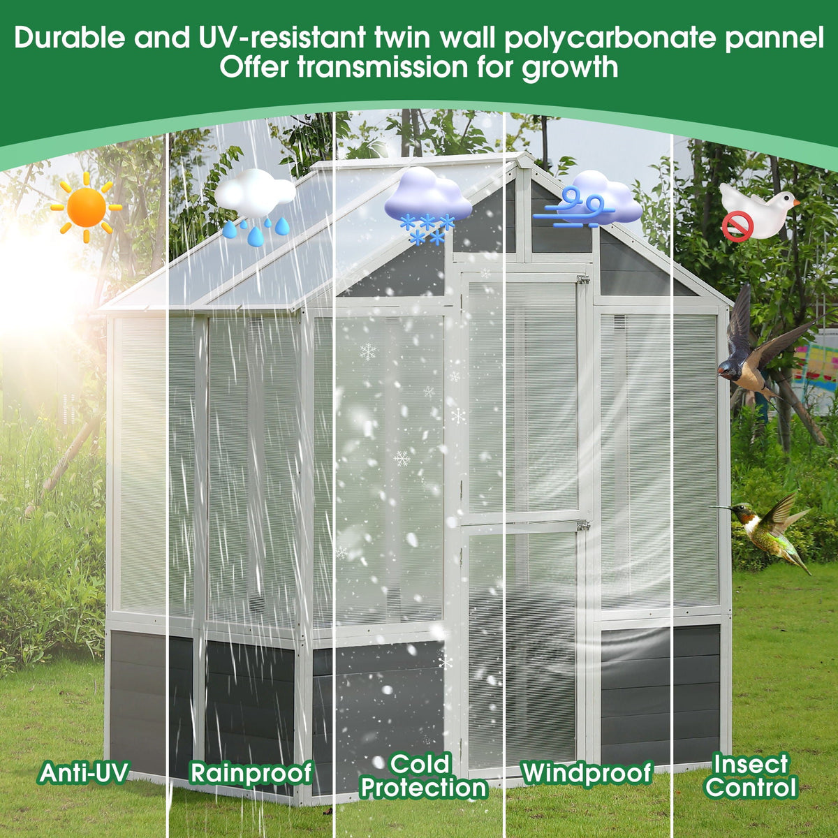 Walk-In Wooden Greenhouse with Polycarbonate Panels & Lockable Door - White / Gray, view 7