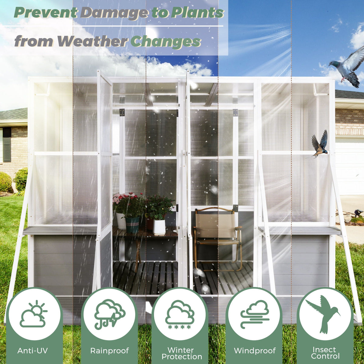 Walk-In Wooden Lean-To Greenhouse, Heavy Duty Polycarbonate - White / Gray, view 6