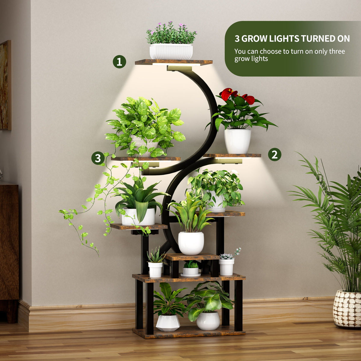 8-tier plant stand with 5 grow lights, rustic brown, view 7