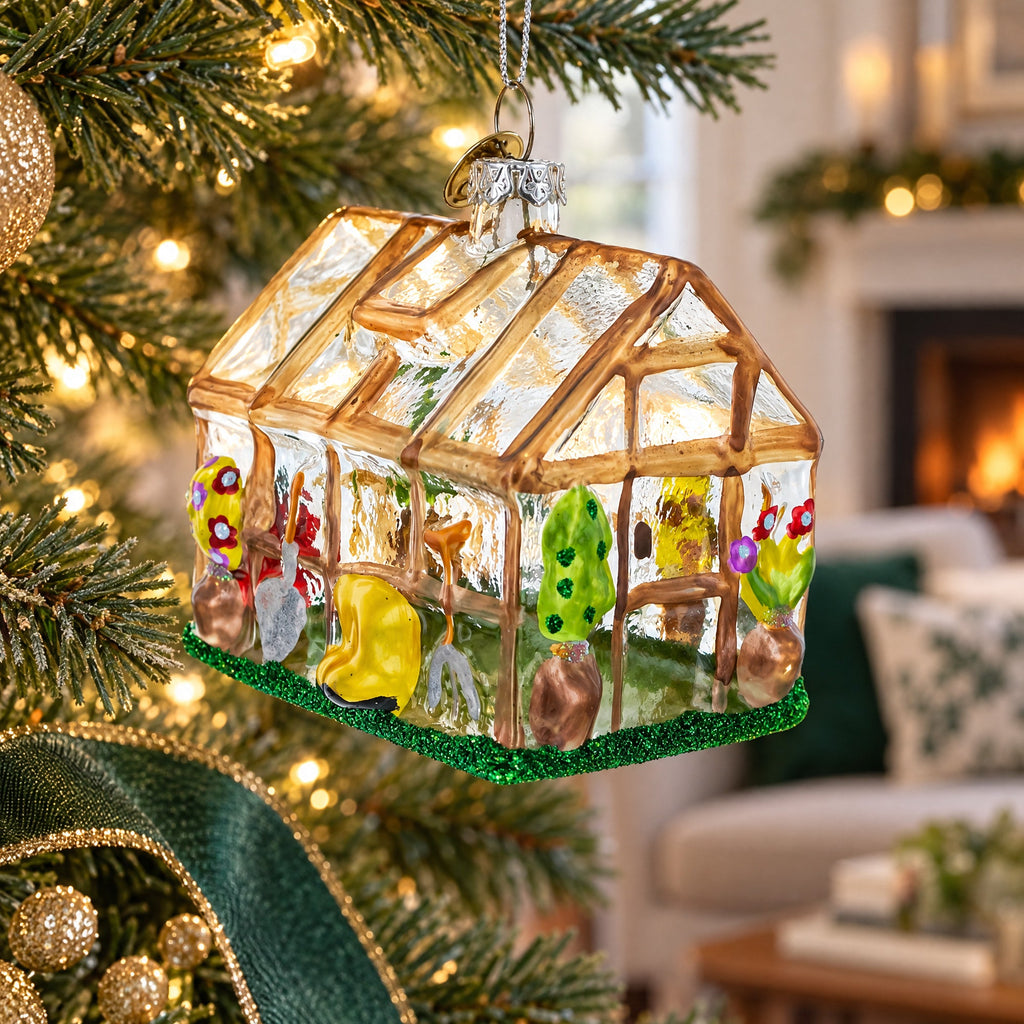 Greenhouse and Gardener Tools Glass Christmas Ornament, view 2