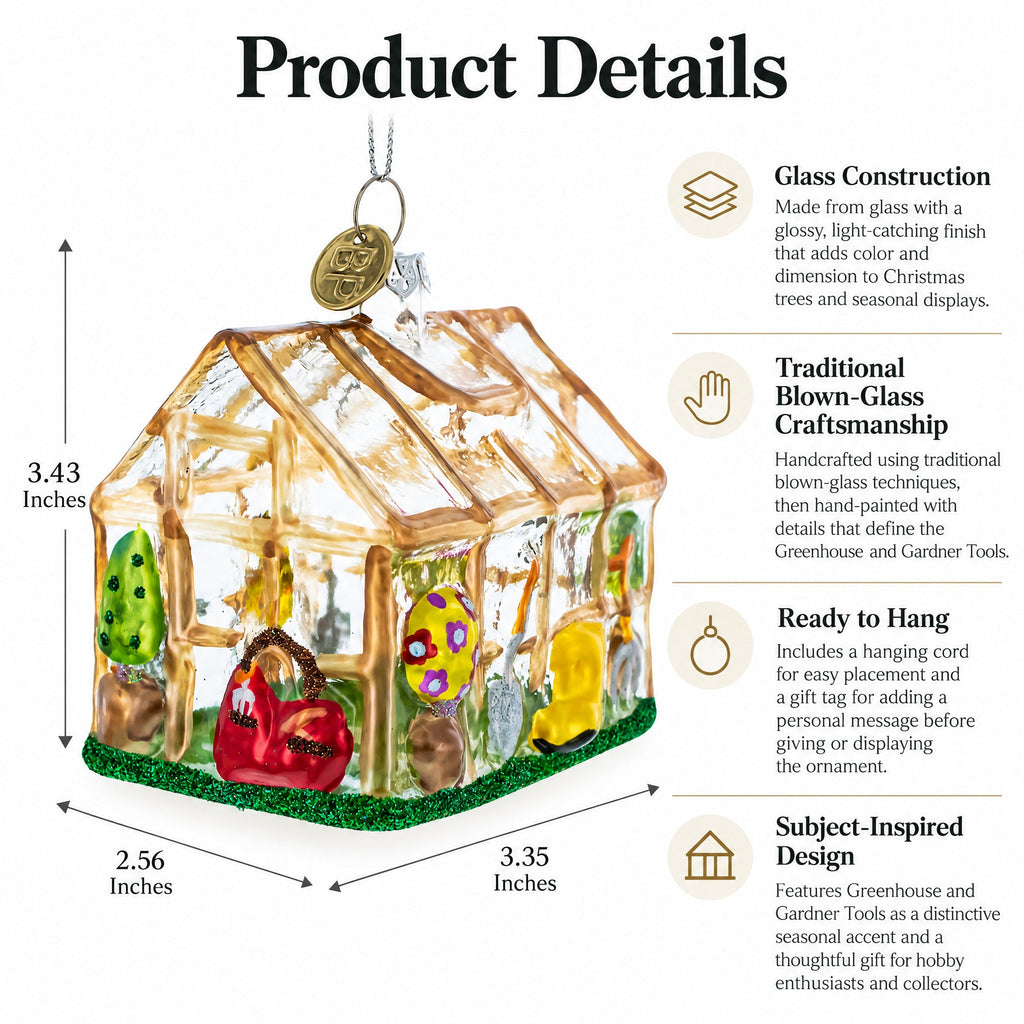 Greenhouse and Gardener Tools Glass Christmas Ornament, view 3