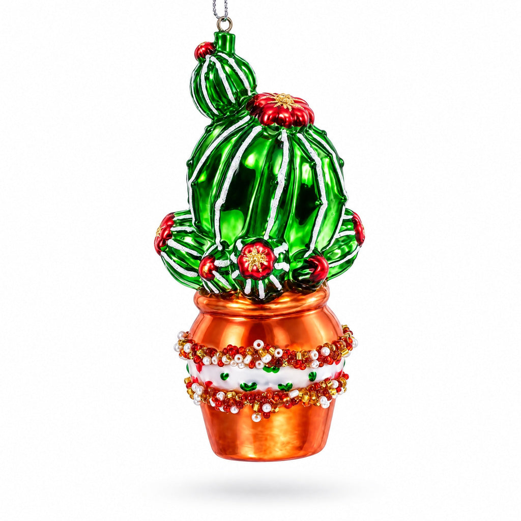 Decorated Cactus in a Pot Glass Christmas Ornament, view 2