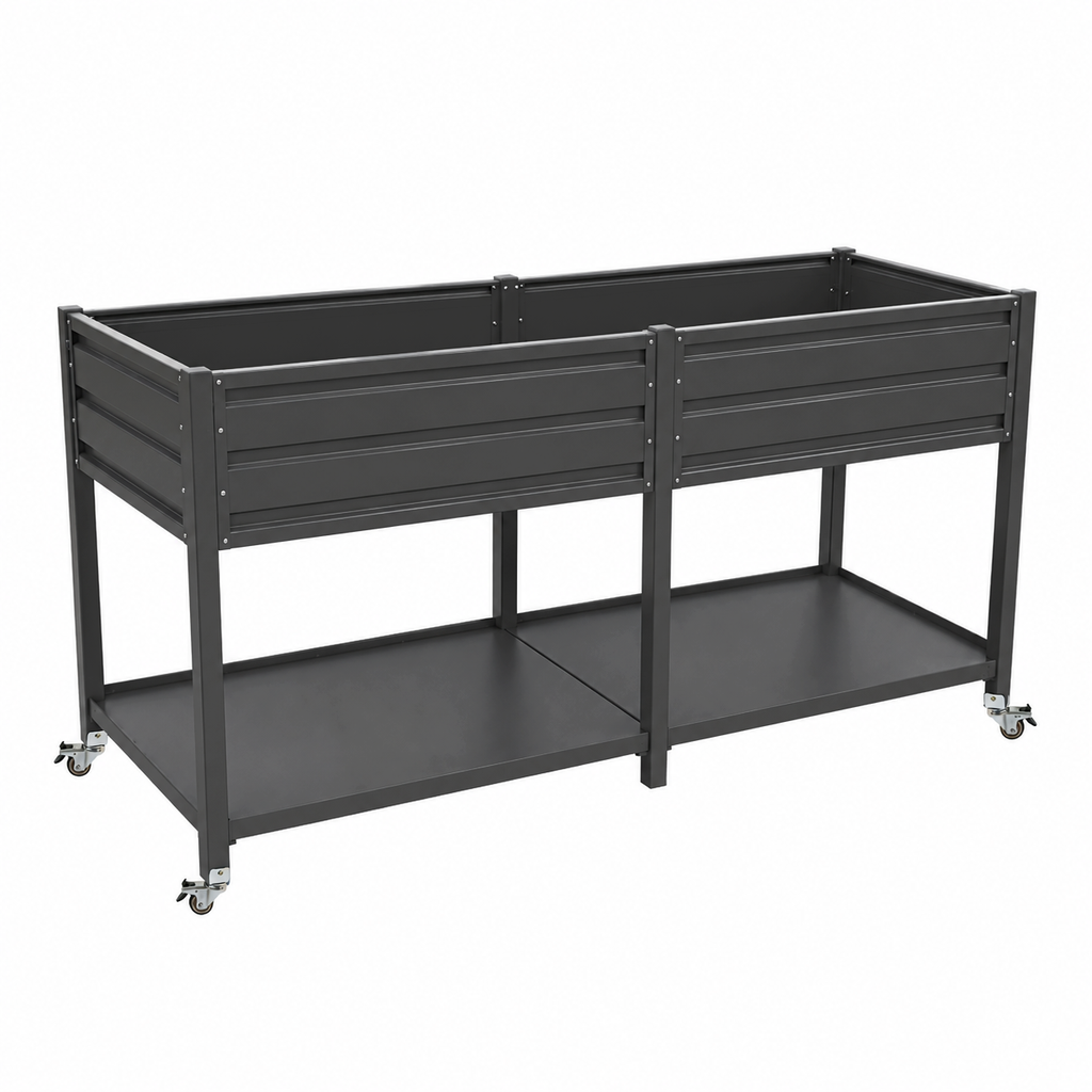 Dual Tier Elevated Metal Raised Garden Bed with Lockable Wheels & Lower Storage Shelf, view 6