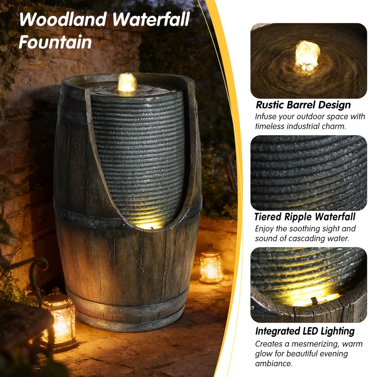 Wooden Barrel Style Outdoor Water Fountain with Lights, view 5