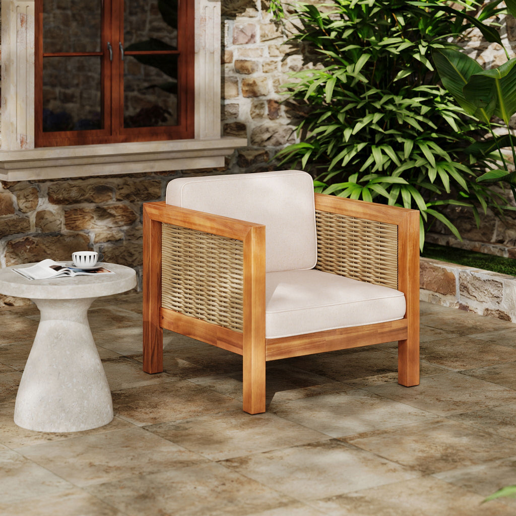 Outdoor Club Chair With Rope Arm And Cushions - Beige / Teak, view 12