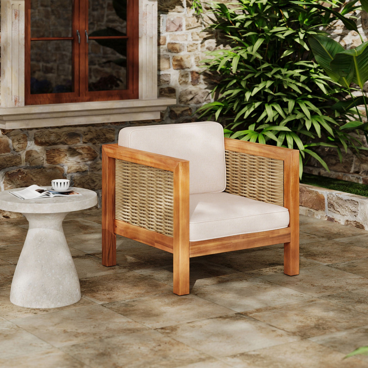 Outdoor Club Chair With Rope Arm And Cushions - Beige / Teak, view 12