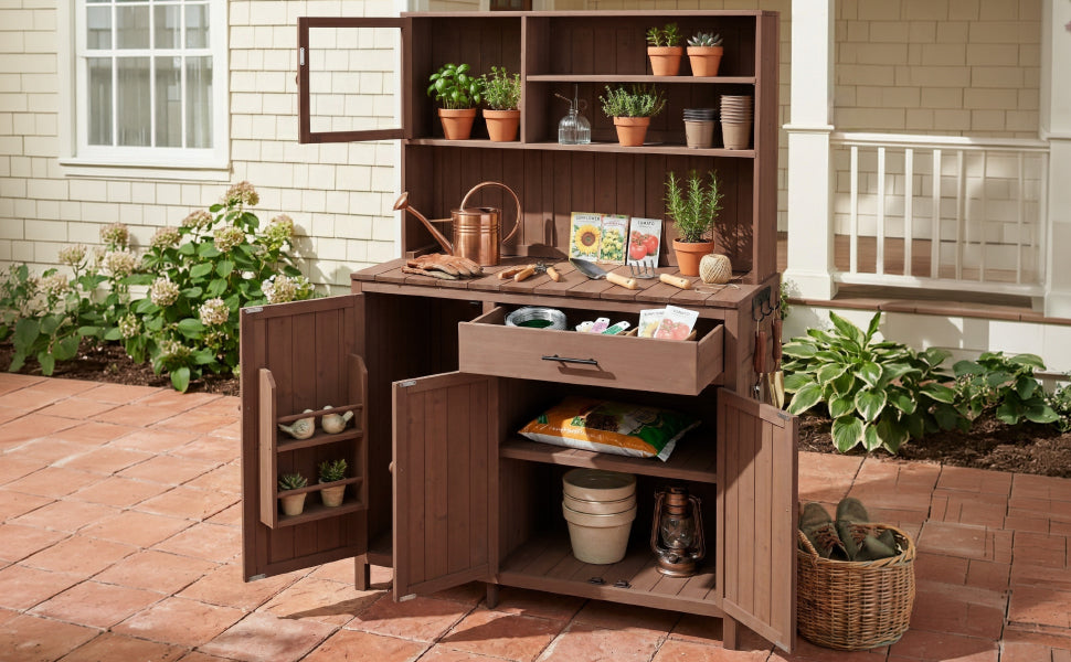 TOPAMX Potting Bench with Hutch, Solid Fir Wood Garden Workstation, view 4